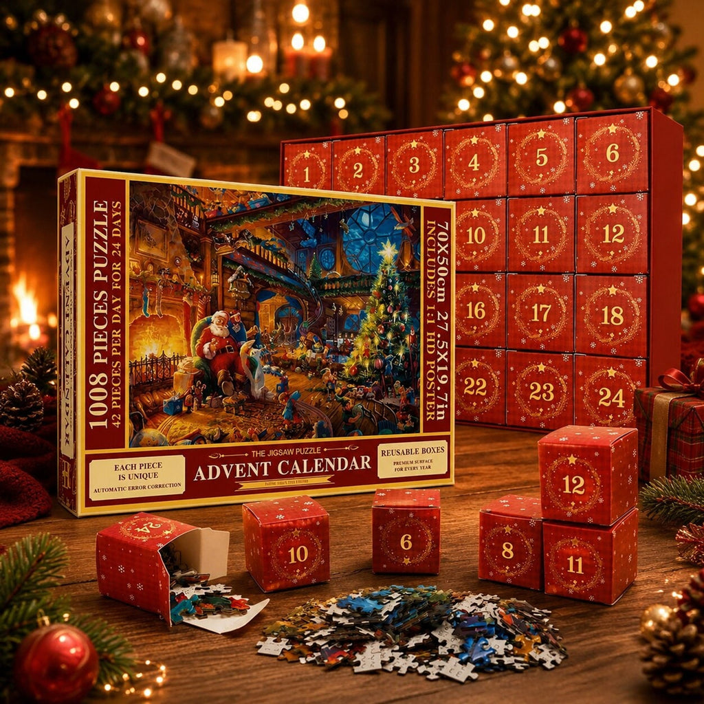 Feestelijke kerstpuzzel-adventskalender 2026 met 1008 stukjes en 24 adventsverrassingen