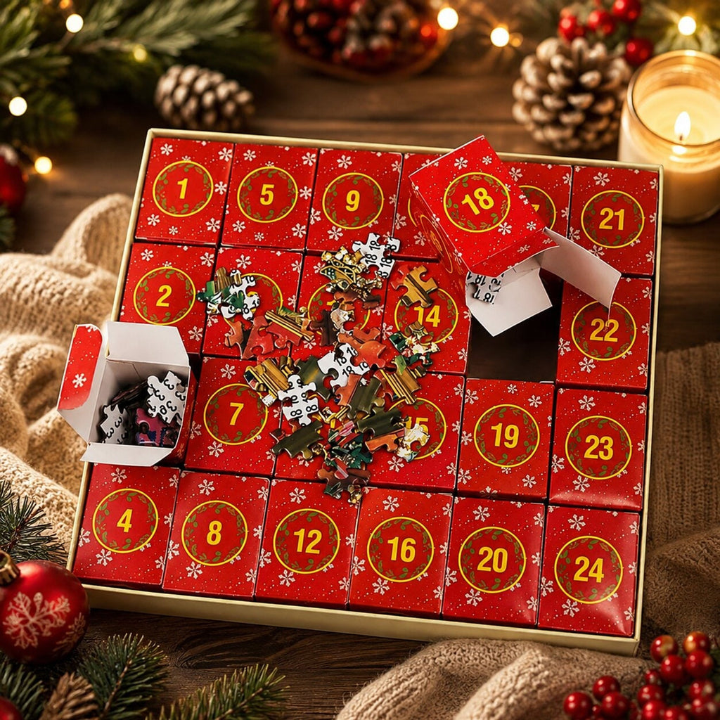 Feestelijke kerstpuzzel-adventskalender 2026 met 1008 stukjes en 24 adventsverrassingen 2