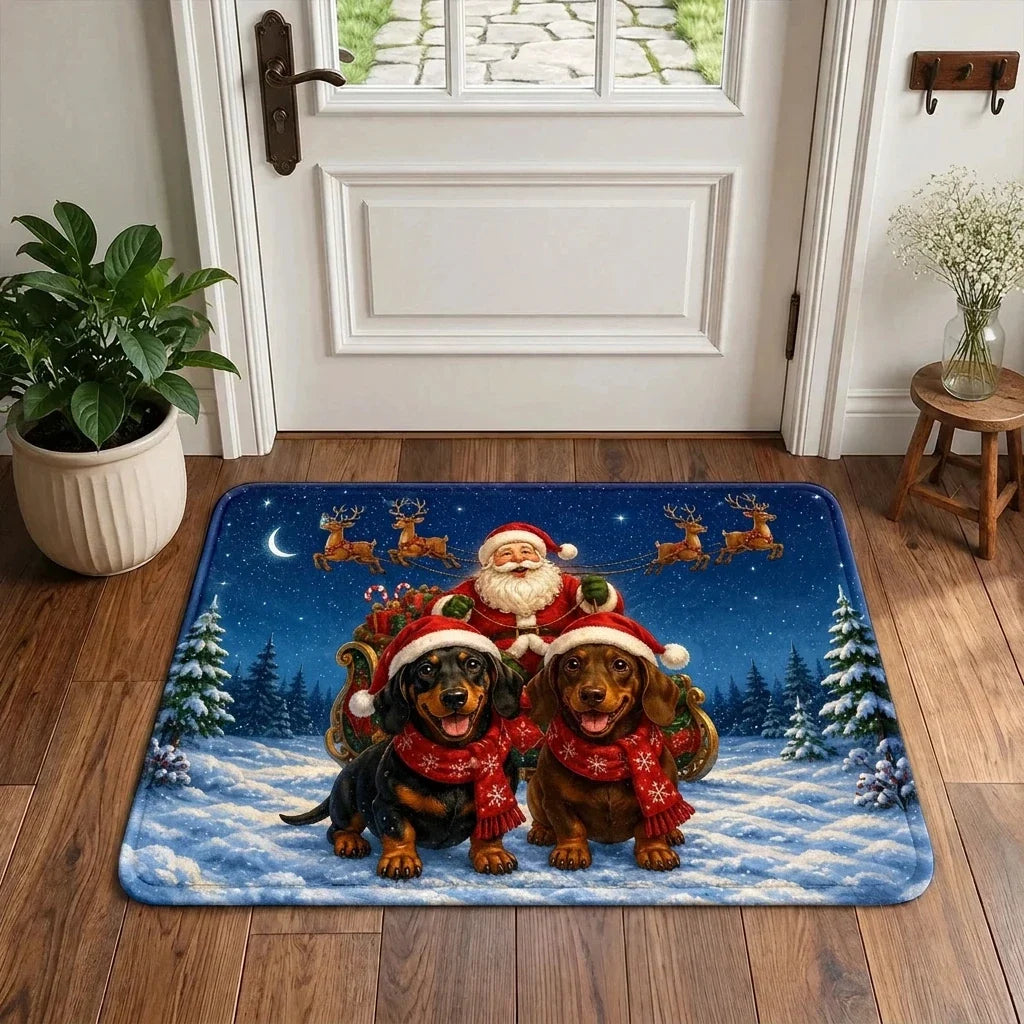 Kerstvloerkleed met teckel en slee in blauwe besneeuwde nachtscène, wasbaar vloerkleed voor huisdierliefhebbers