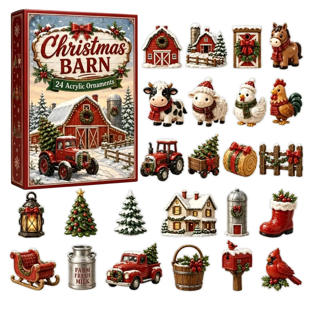 Kerst-adventskalender met 24 glinsterende acryl ornamenten in boerderijdierendesigns om op te hangen