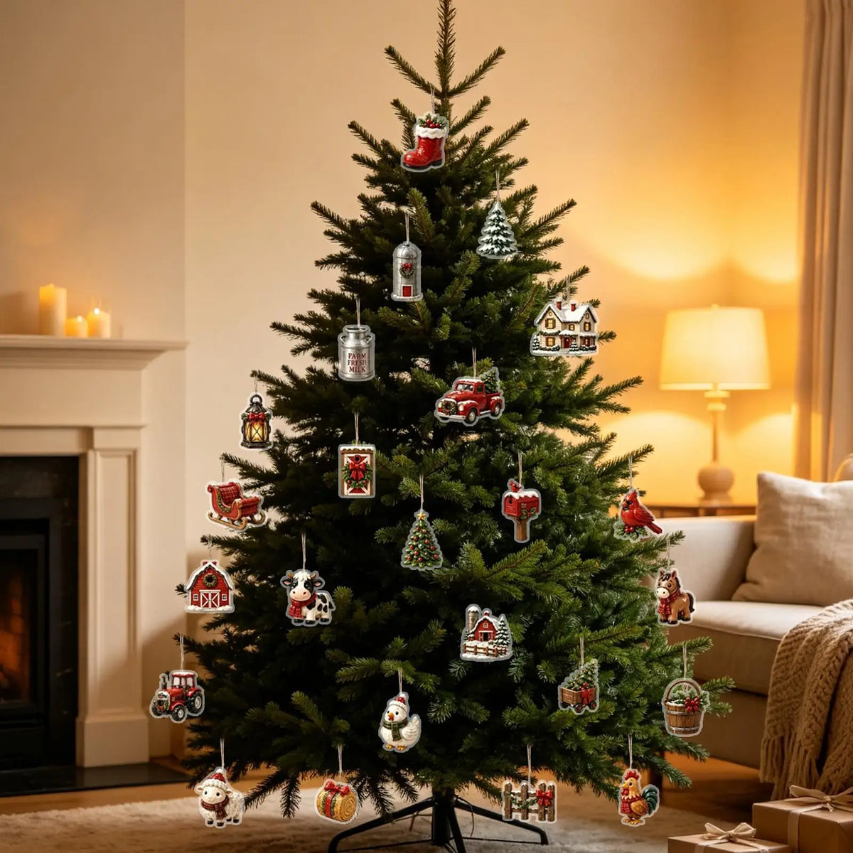Kerst-adventskalender met 24 glinsterende acryl ornamenten in boerderijdierendesigns om op te hangen 3