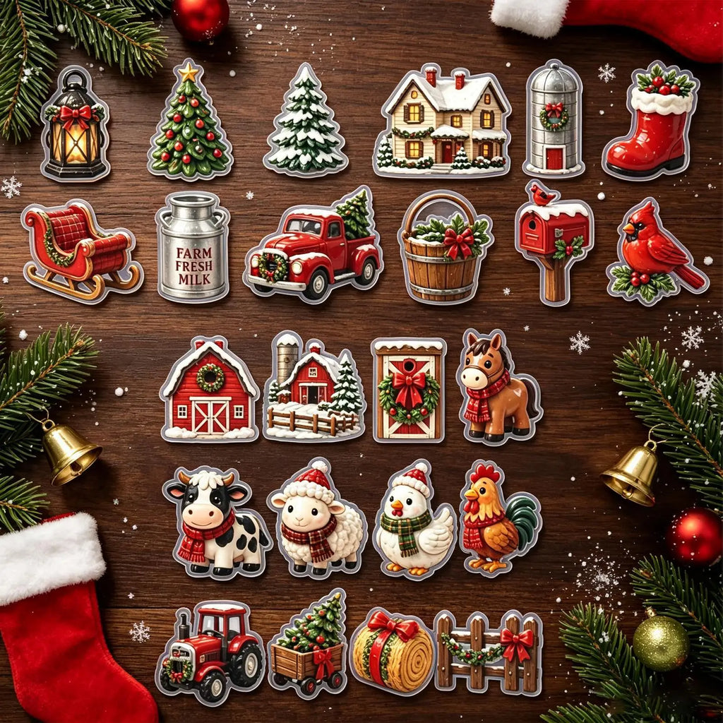 Kerst-adventskalender met 24 glinsterende acryl ornamenten in boerderijdierendesigns om op te hangen 4