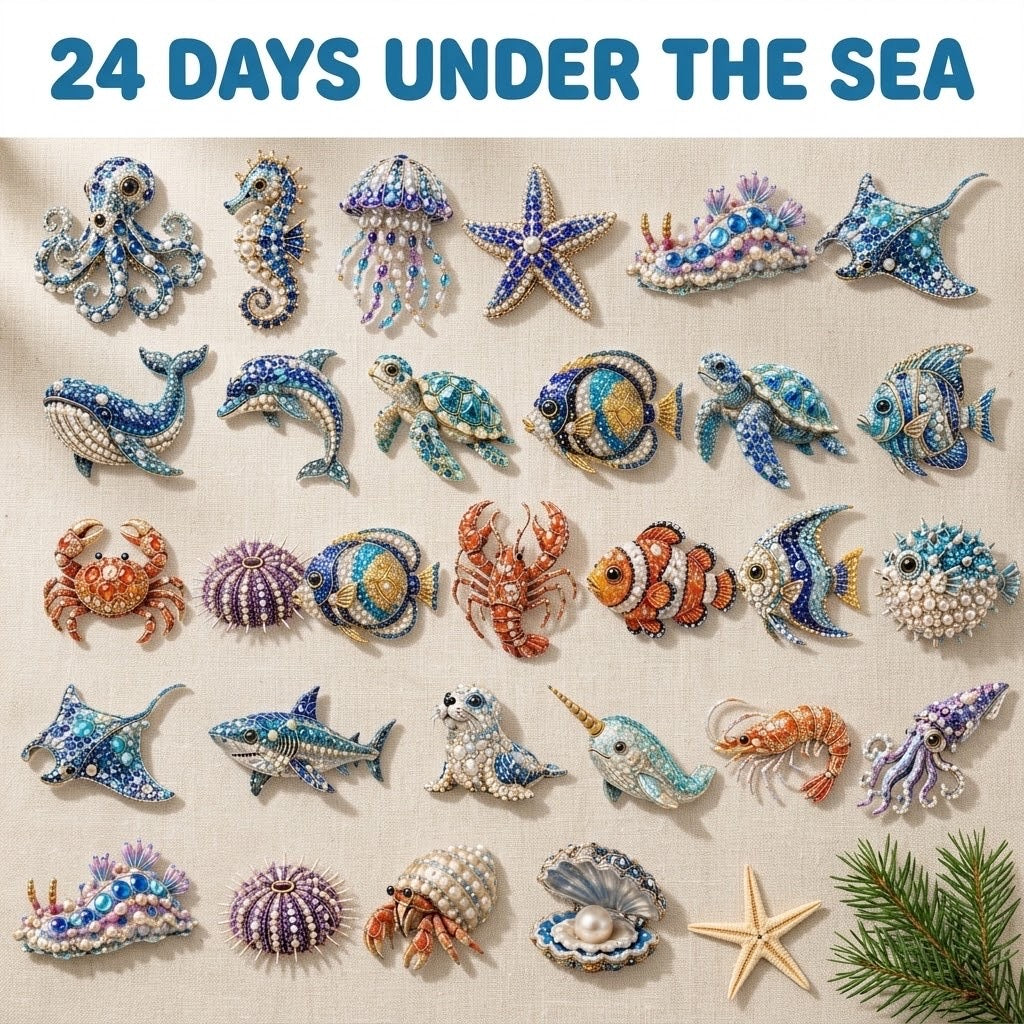 Oceaan Parel Zeedieren Adventskalender 2026 - 24 Ornamenten met Steentjes