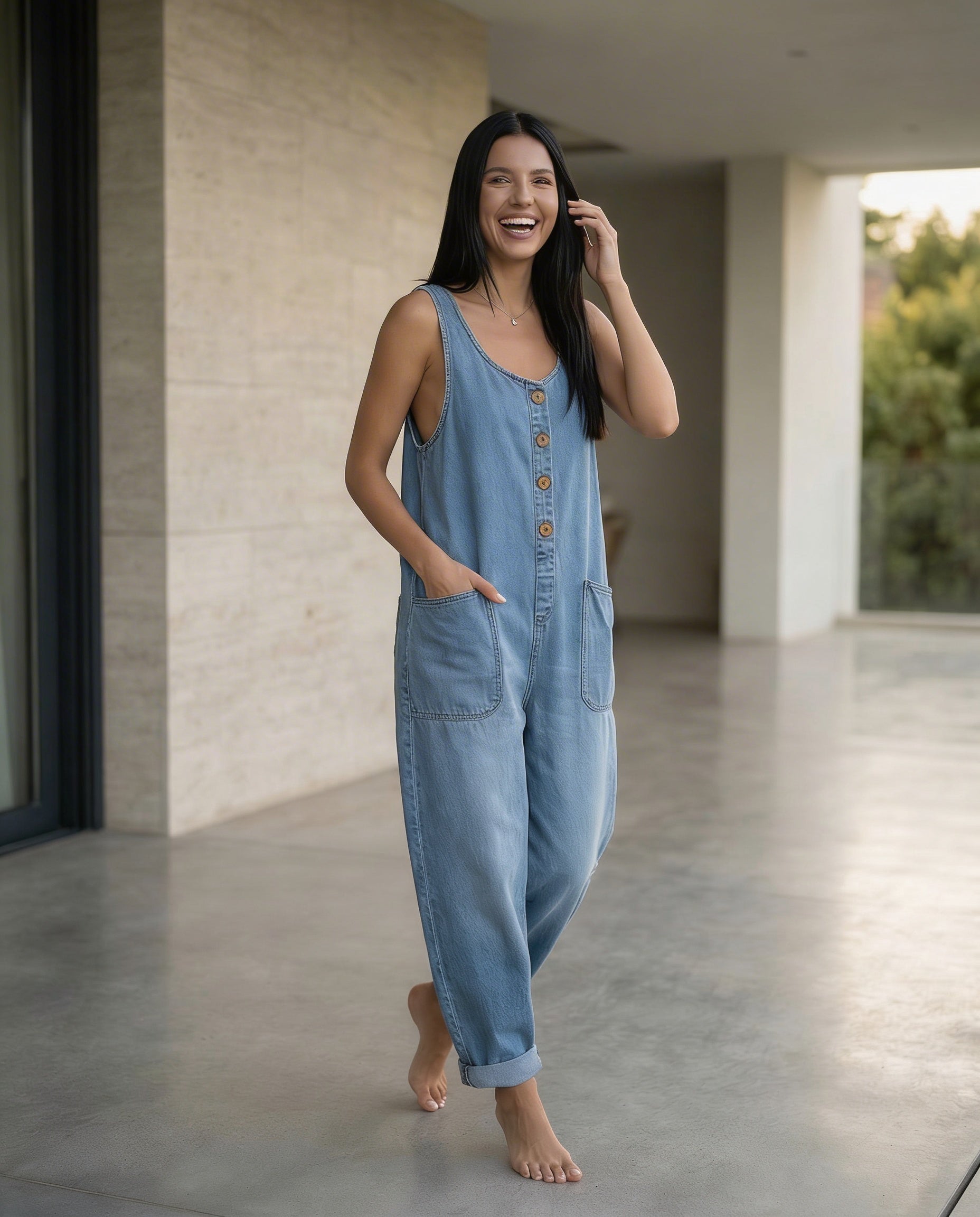 Casual denim jumpsuit voor vrouwen met knoopdetail en opgestikte zakken. 20