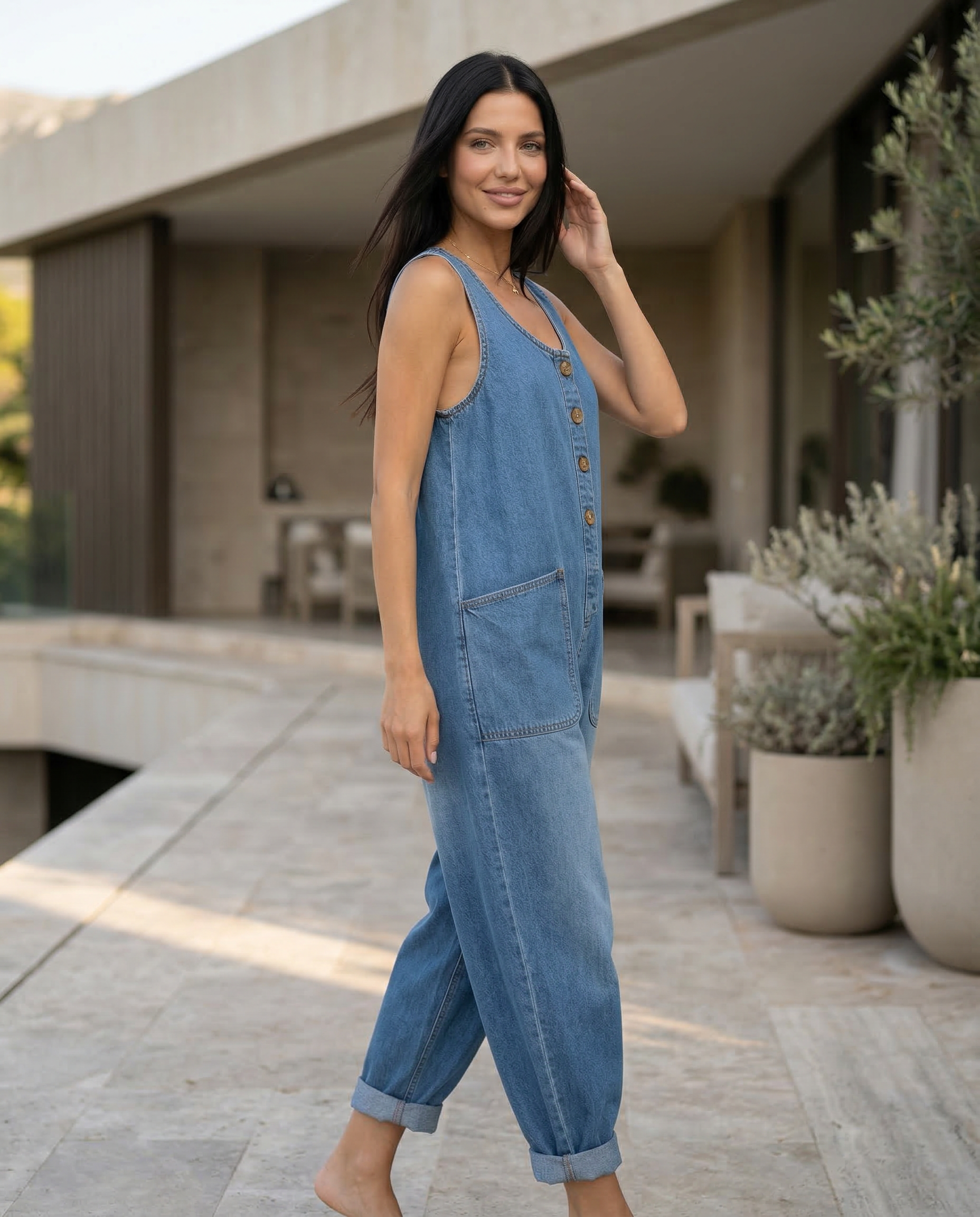 Casual denim jumpsuit voor vrouwen met knoopdetail en opgestikte zakken. 21