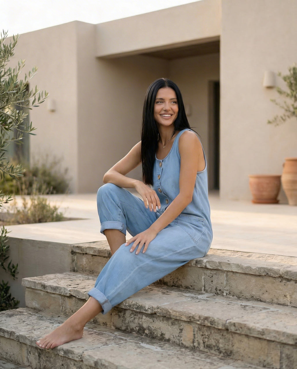 Casual denim jumpsuit voor vrouwen met knoopdetail en opgestikte zakken. 22