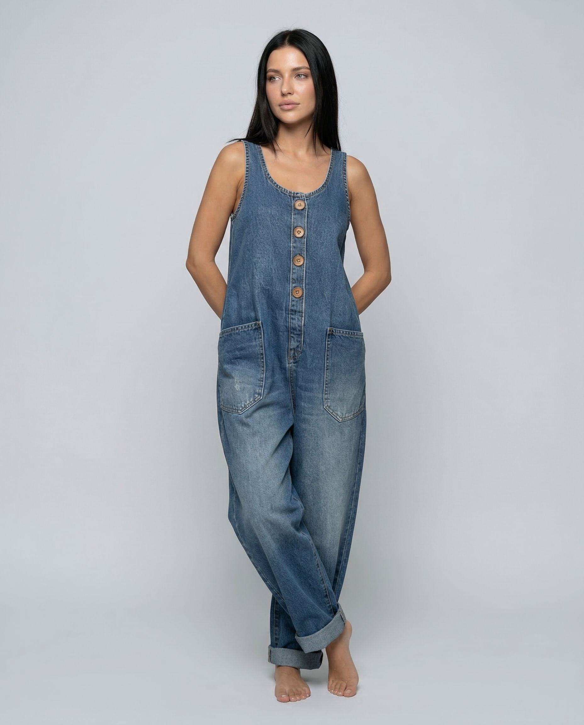 Casual denim jumpsuit voor vrouwen met knoopdetail en opgestikte zakken. 3