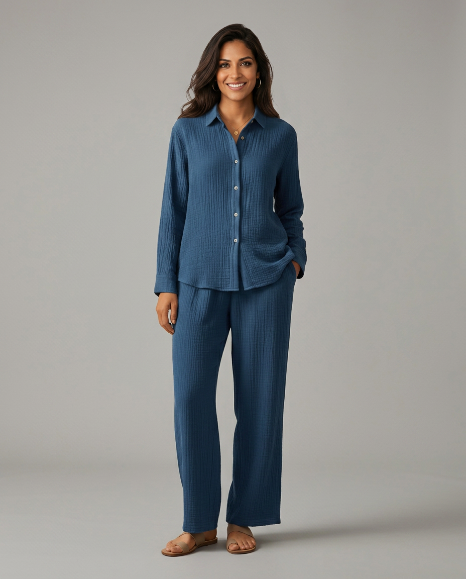 Twee-delig set met brede broek en knoopsluiting shirt voor vrouwen.