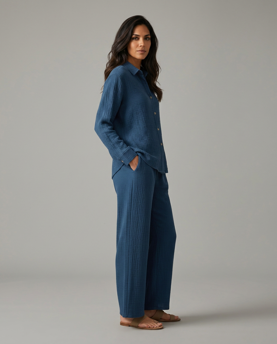 Twee-delig set met brede broek en knoopsluiting shirt voor vrouwen. 3