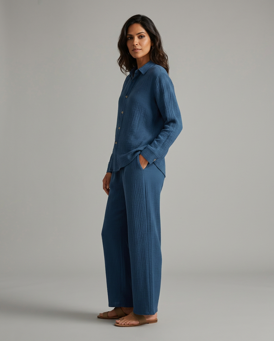 Twee-delig set met brede broek en knoopsluiting shirt voor vrouwen. 4