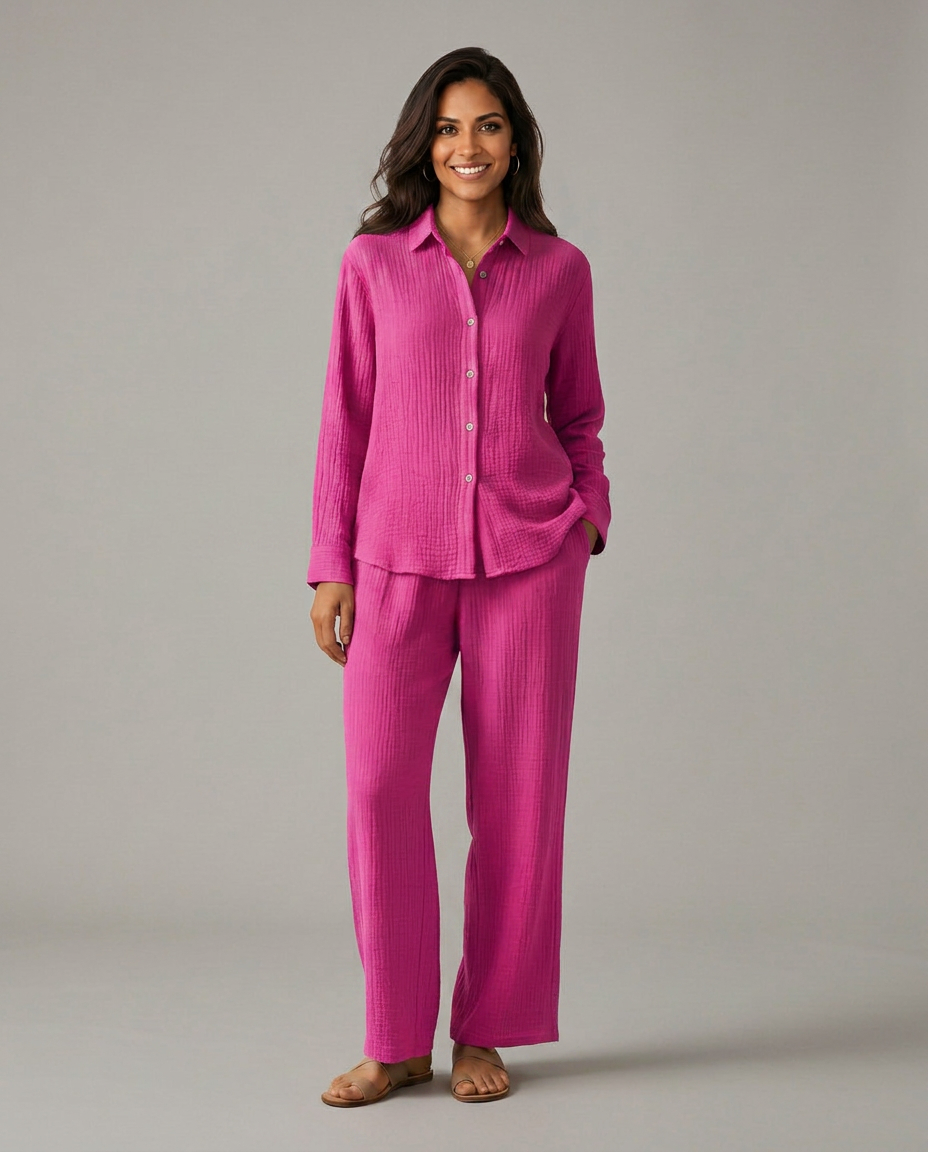 Twee-delig set met brede broek en knoopsluiting shirt voor vrouwen. 5