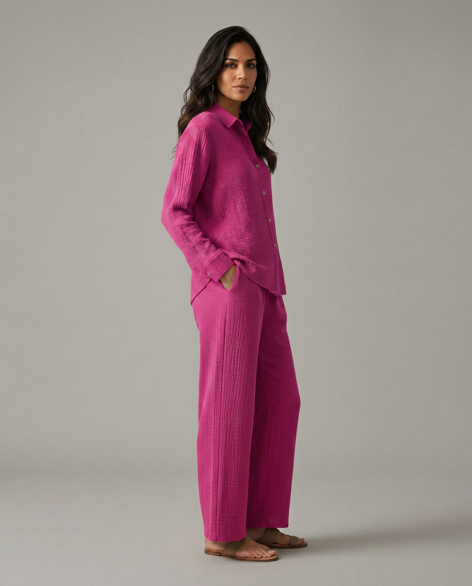 Twee-delig set met brede broek en knoopsluiting shirt voor vrouwen. 7