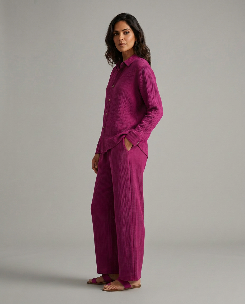 Twee-delig set met brede broek en knoopsluiting shirt voor vrouwen. 8