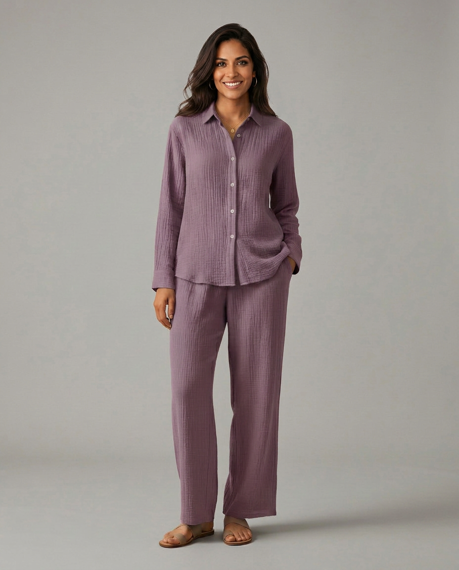 Twee-delig set met brede broek en knoopsluiting shirt voor vrouwen. 9
