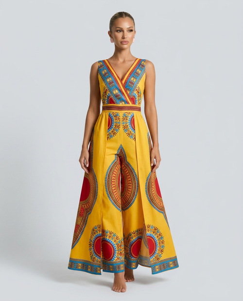 Kleurrijke Afrikaanse print jumpsuit met brede pijpen en V-hals.