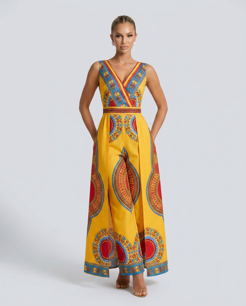 Kleurrijke Afrikaanse print jumpsuit met brede pijpen en V-hals. 2