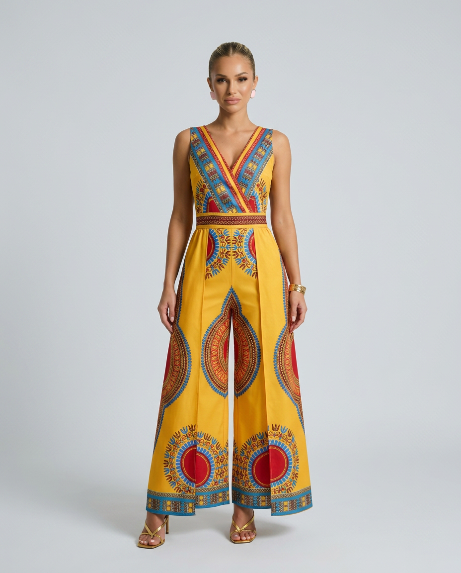 Kleurrijke Afrikaanse print jumpsuit met brede pijpen en V-hals. 3