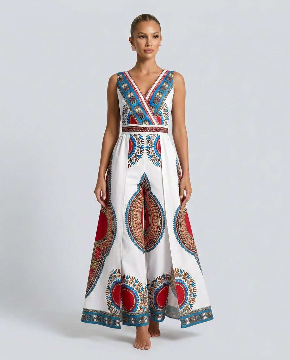 Kleurrijke Afrikaanse print jumpsuit met brede pijpen en V-hals. 4
