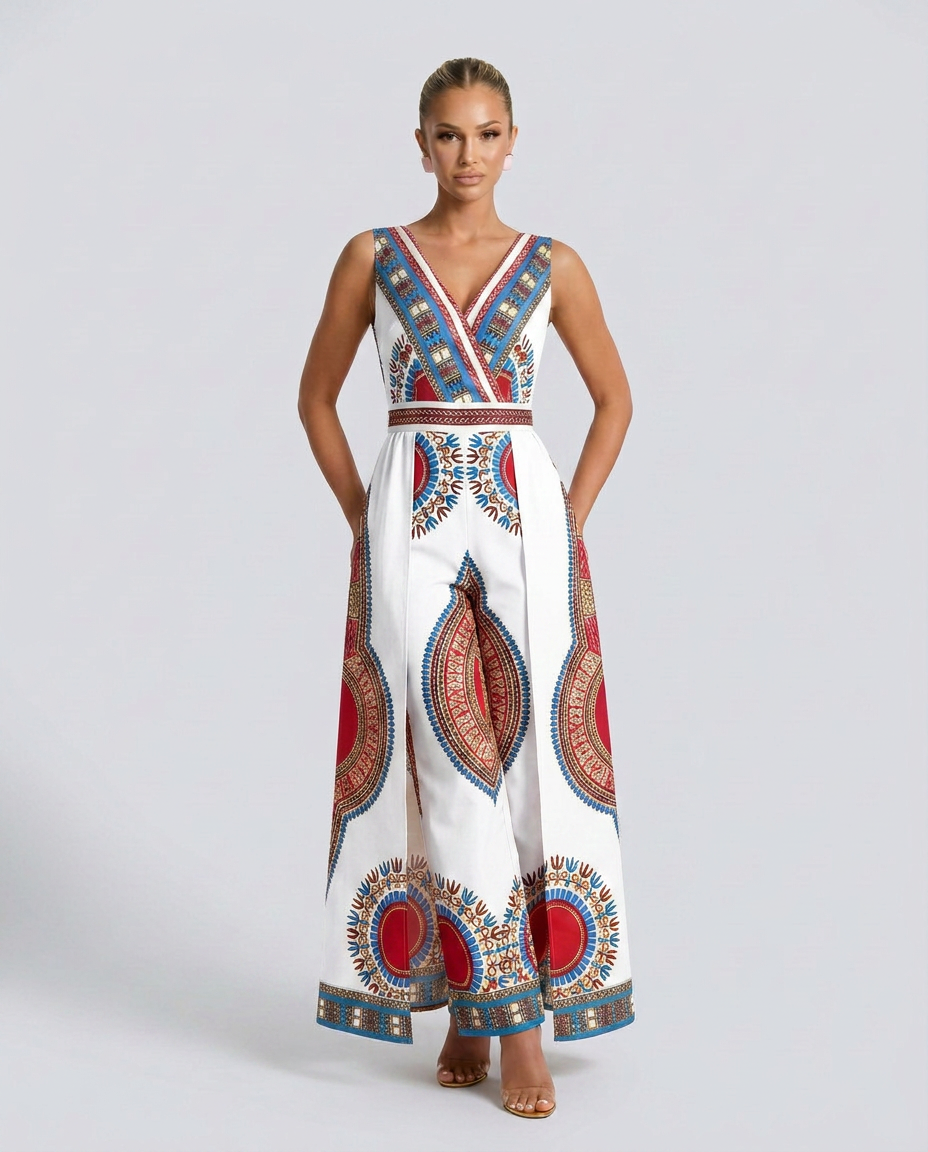 Kleurrijke Afrikaanse print jumpsuit met brede pijpen en V-hals. 5