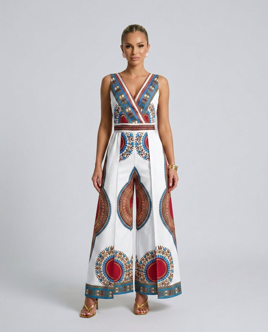 Kleurrijke Afrikaanse print jumpsuit met brede pijpen en V-hals. 6