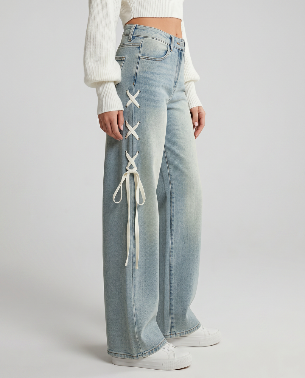 Ana brede jeans met zijkant veters in lichtblauw denim 3