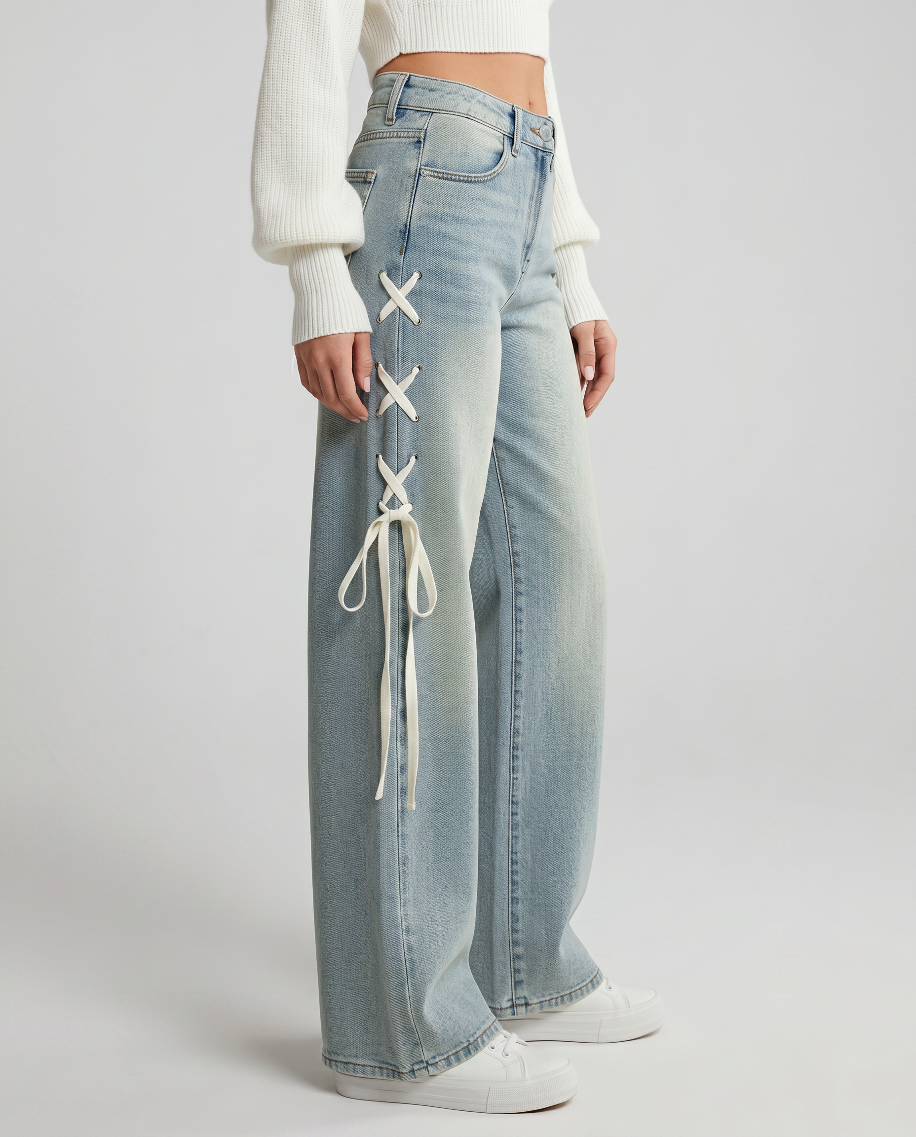 Ana brede jeans met zijkant veters in lichtblauw denim 3