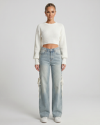 Ana brede jeans met zijkant veters in lichtblauw denim 4