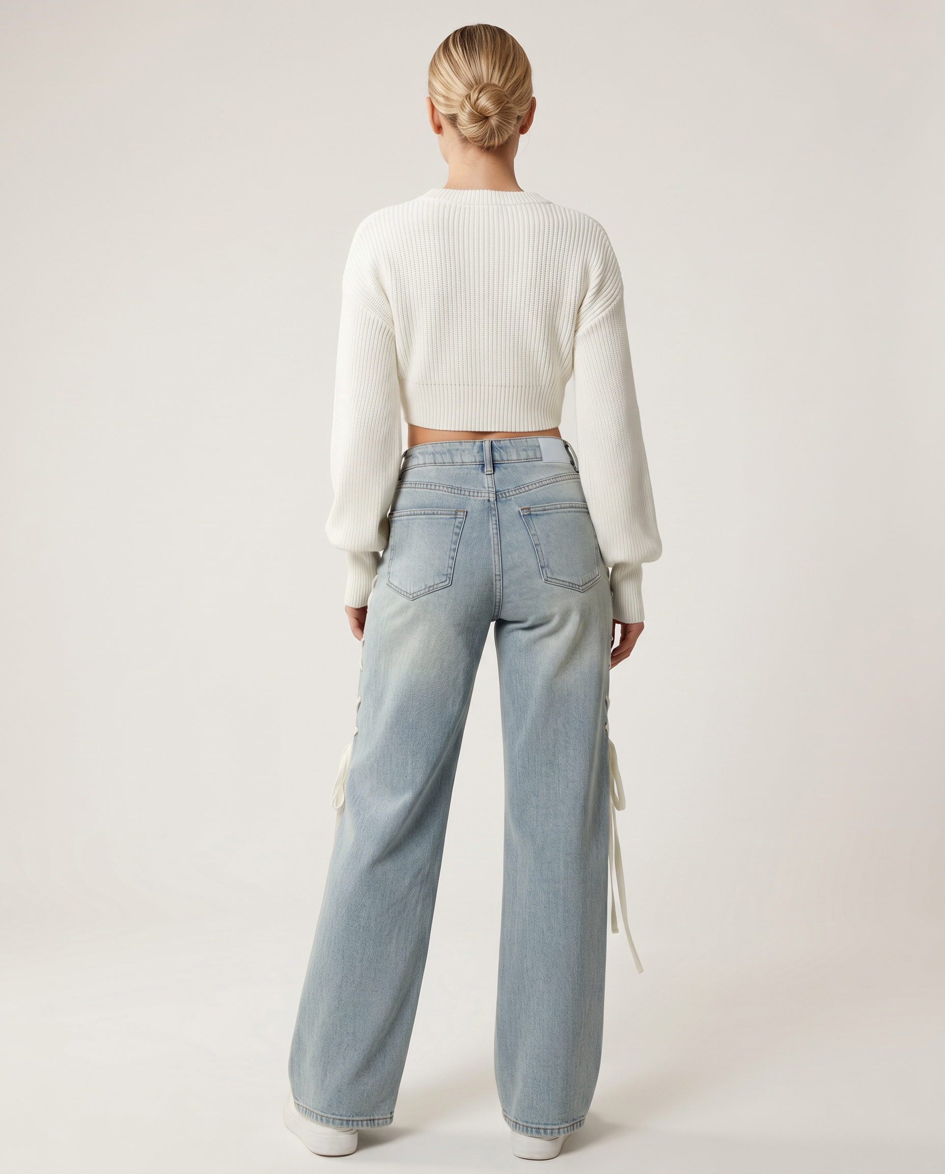 Ana brede jeans met zijkant veters in lichtblauw denim 5