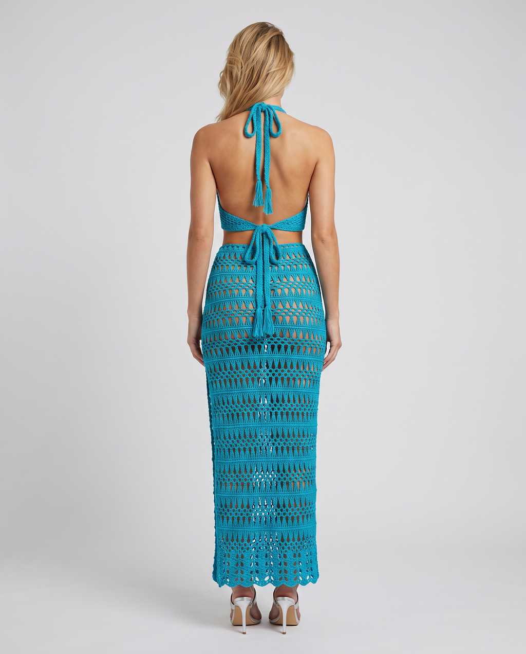 Anne gehaakt knit twee-delige set met haltertop in bruin en turquoise. 6