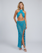 Anne gehaakt knit twee-delige set met haltertop in bruin en turquoise. 8