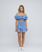 Annie twee-delige ruffle set met mini rok in Blau, perfect voor de zomer. 2