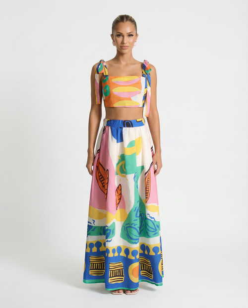 Aubrey gedrukte crop top en midi rok set in multikleur