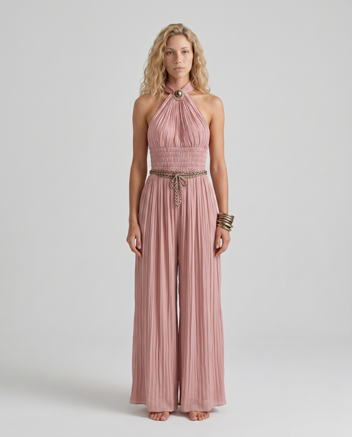 Elegante geplooide halter nek jumpsuit voor dames in roze.