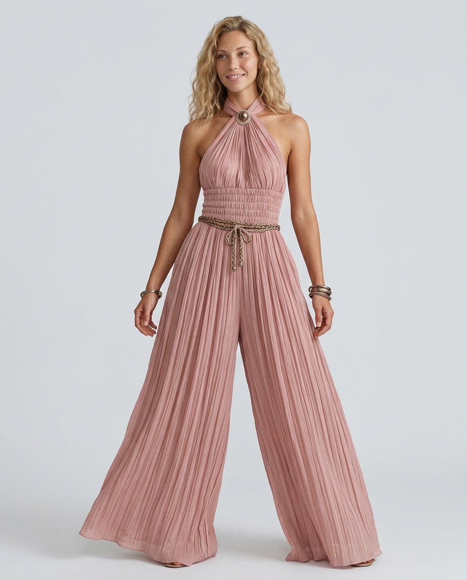 Elegante geplooide halter nek jumpsuit voor dames in roze. 3