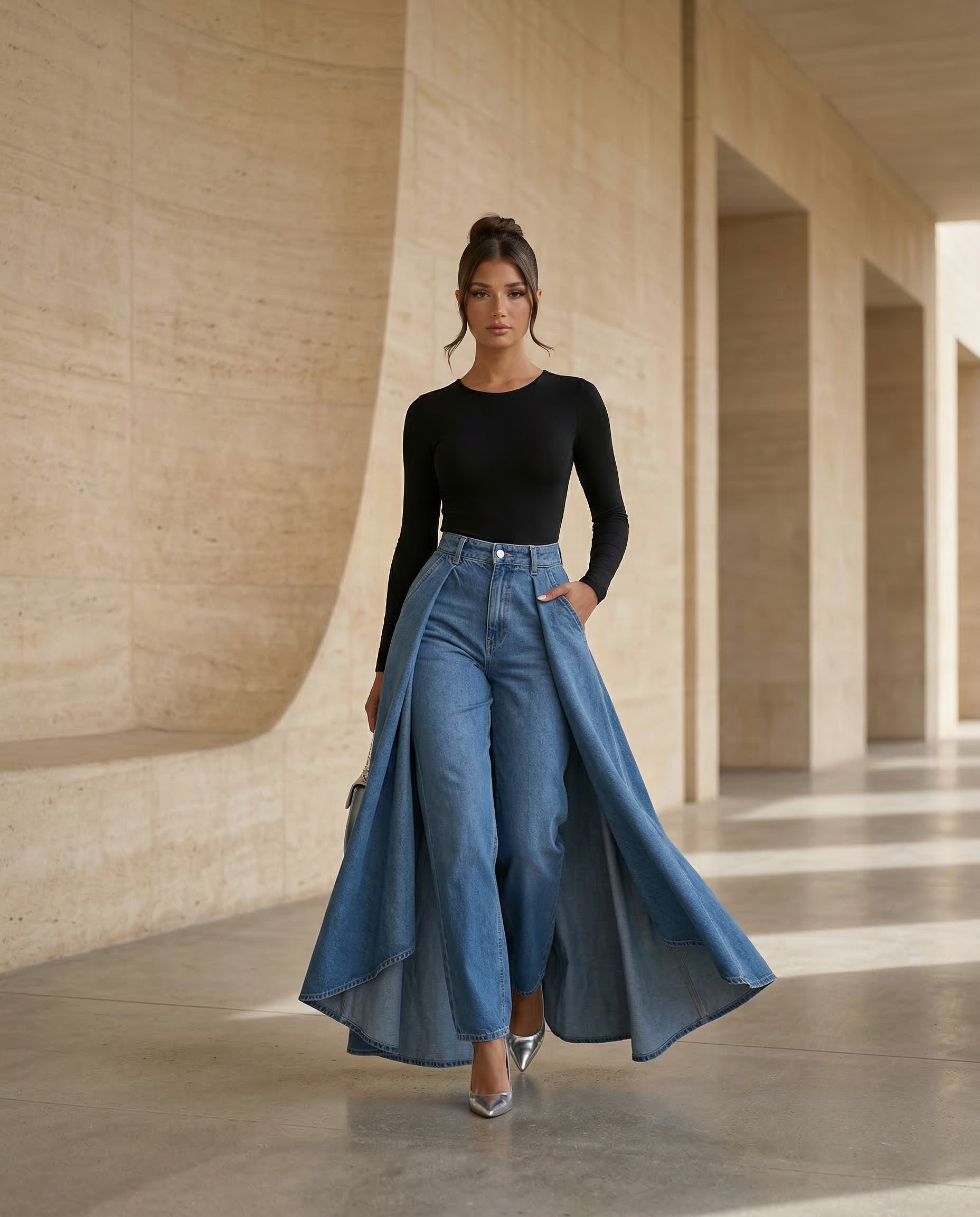 Hoge taille wijde jeans voor dames in denim 5