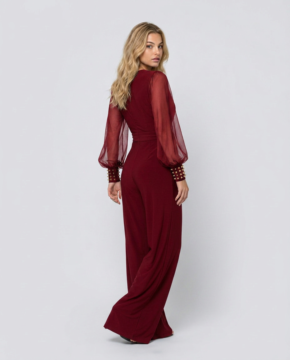 Cecelia jumpsuit met wijde pijpen en mesh mouwen in zwart, blauw en bordeaux. 10