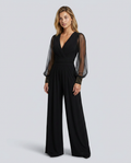 Cecelia jumpsuit met wijde pijpen en mesh mouwen in zwart, blauw en bordeaux.
