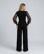 Cecelia jumpsuit met wijde pijpen en mesh mouwen in zwart, blauw en bordeaux. 2