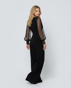 Cecelia jumpsuit met wijde pijpen en mesh mouwen in zwart, blauw en bordeaux. 3
