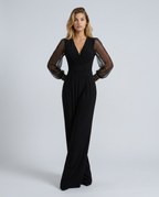 Cecelia jumpsuit met wijde pijpen en mesh mouwen in zwart, blauw en bordeaux. 4