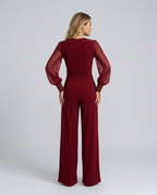 Cecelia jumpsuit met wijde pijpen en mesh mouwen in zwart, blauw en bordeaux. 9