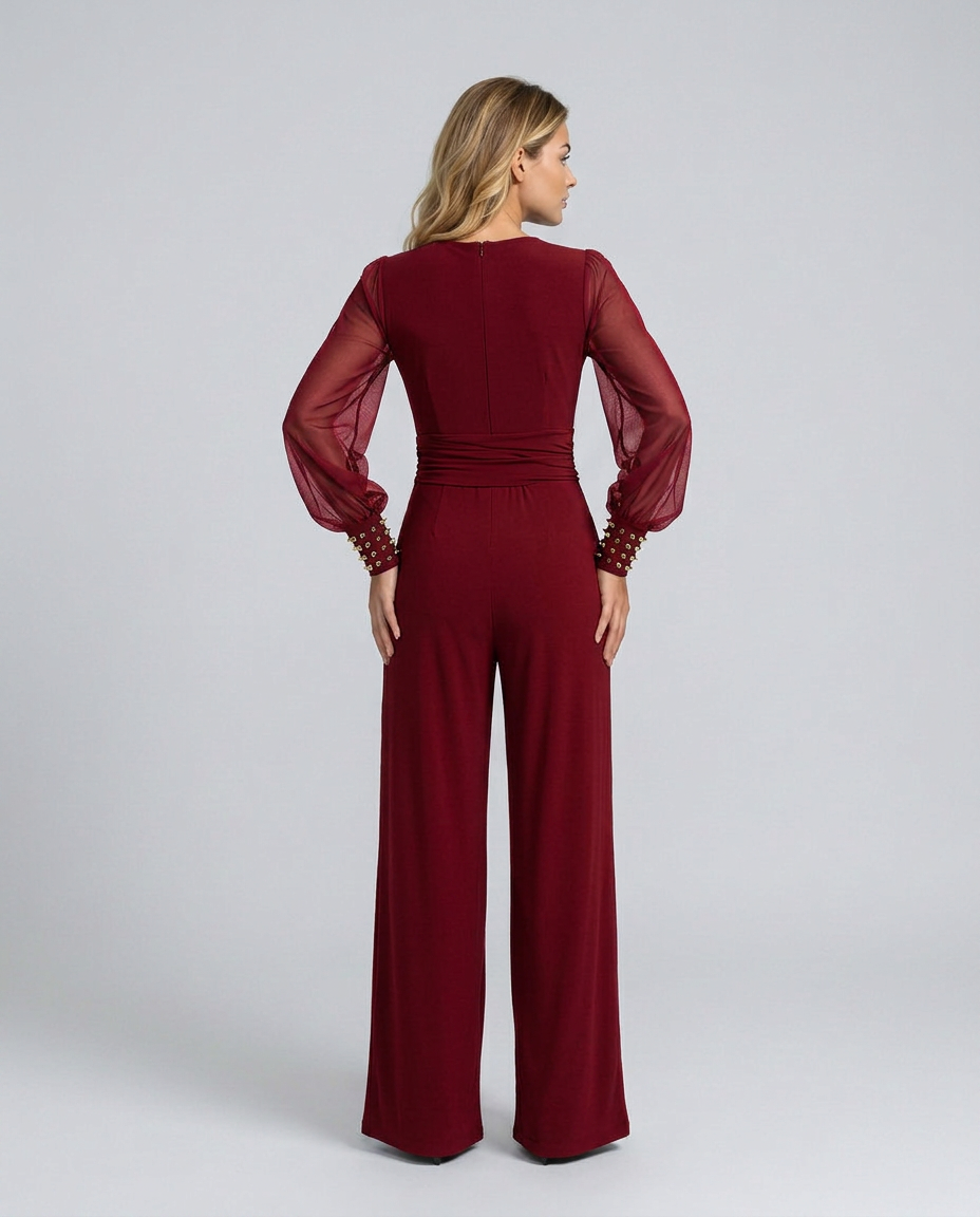Cecelia jumpsuit met wijde pijpen en mesh mouwen in zwart, blauw en bordeaux. 9