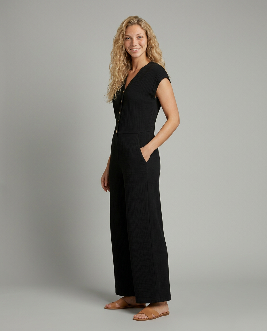 Christi wijde-pijpen jumpsuit met knopsluiting voor vrouwen. 3