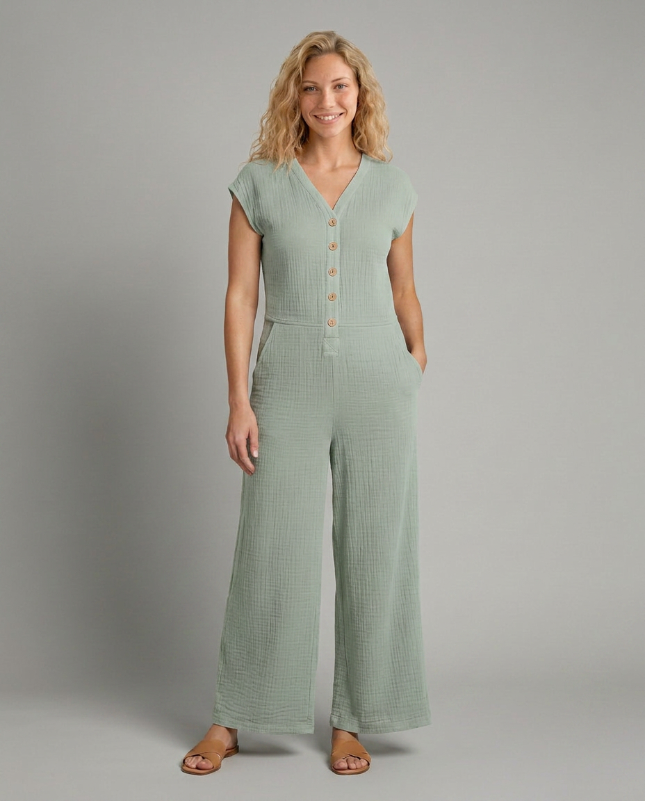 Christi wijde-pijpen jumpsuit met knopsluiting voor vrouwen. 4