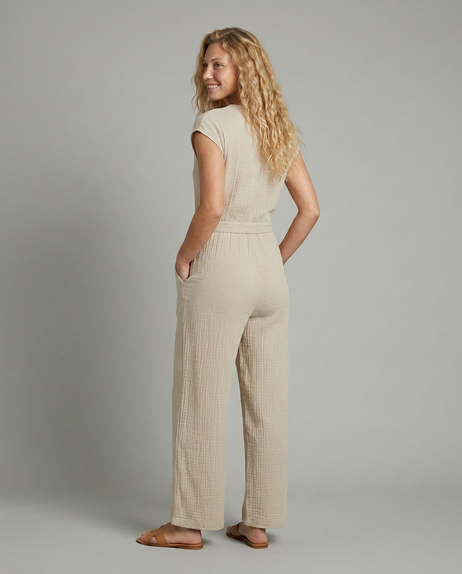 Christi wijde-pijpen jumpsuit met knopsluiting voor vrouwen. 8