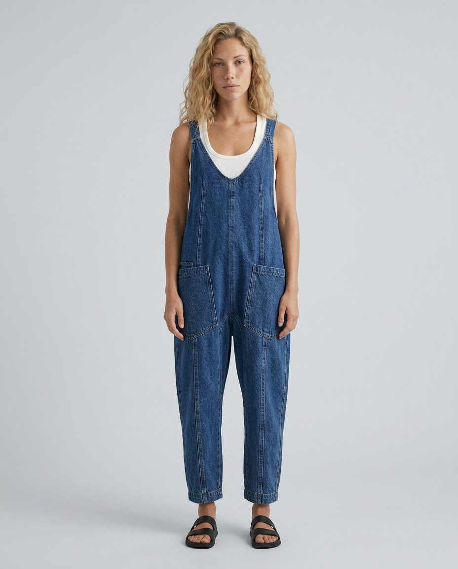Colleen denim jumpsuit met praktische zakken en verstelbare schouderbanden.