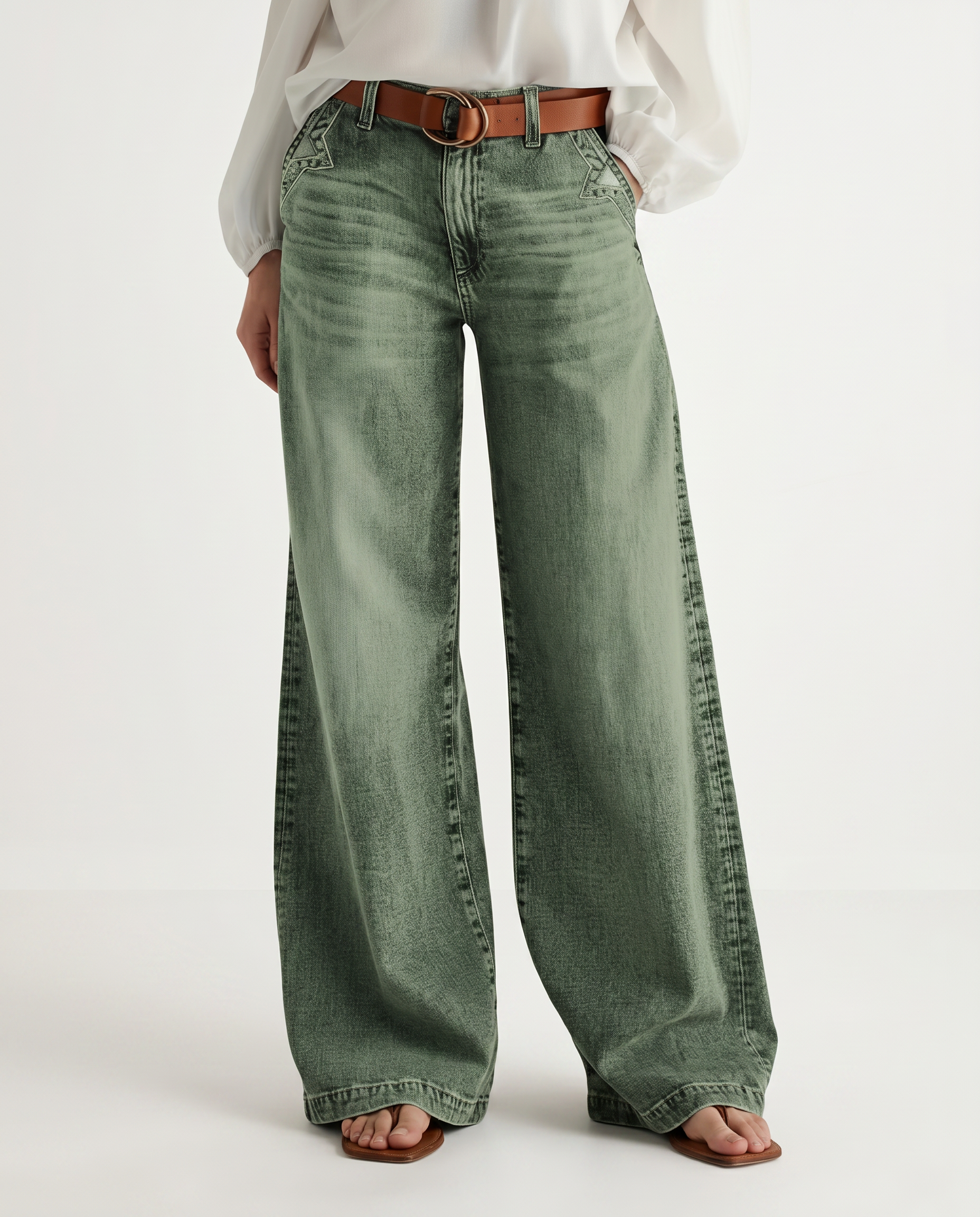 Comfortabele wijde jeans met hoge taille in groen denim.