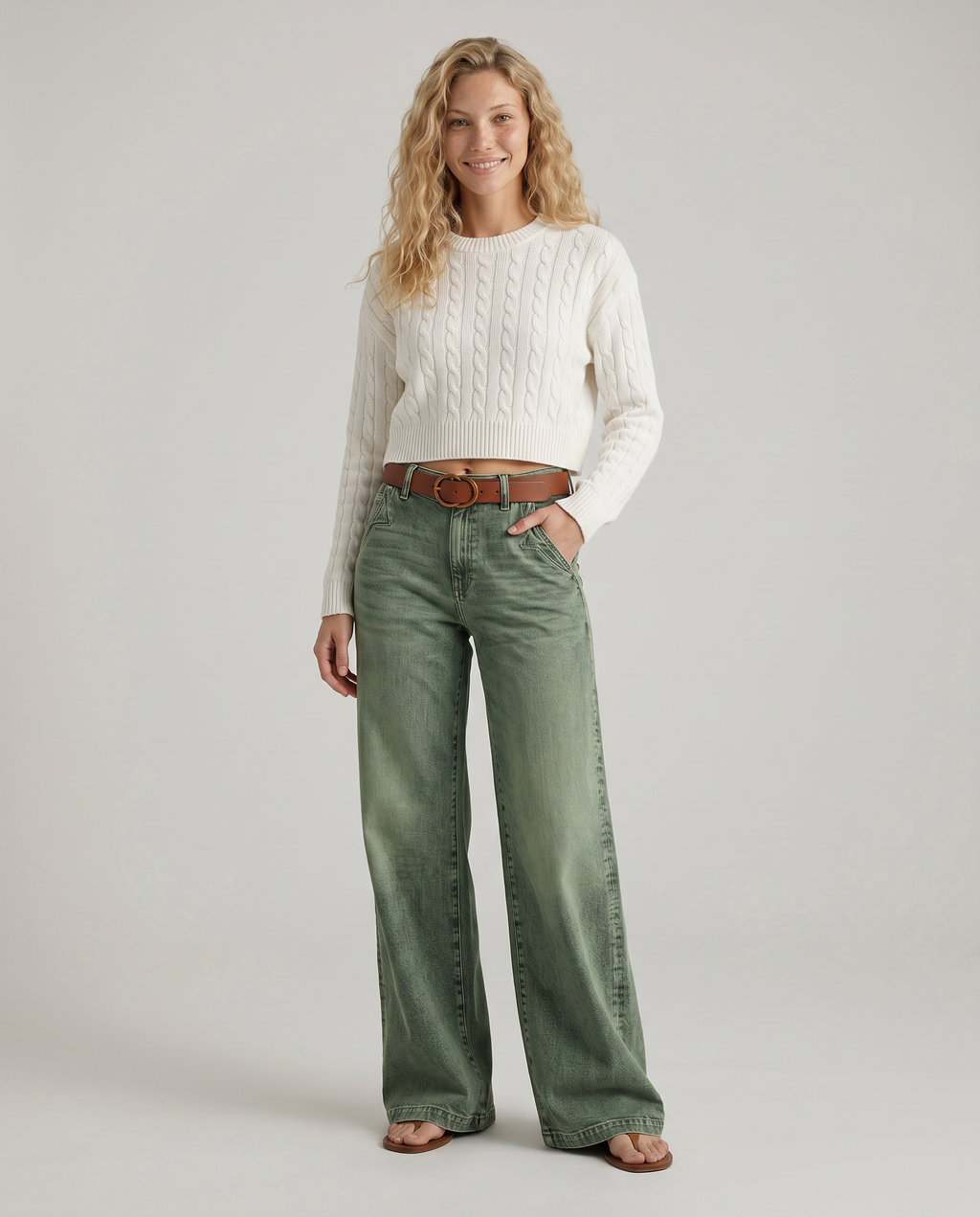 Comfortabele wijde jeans met hoge taille in groen denim. 4