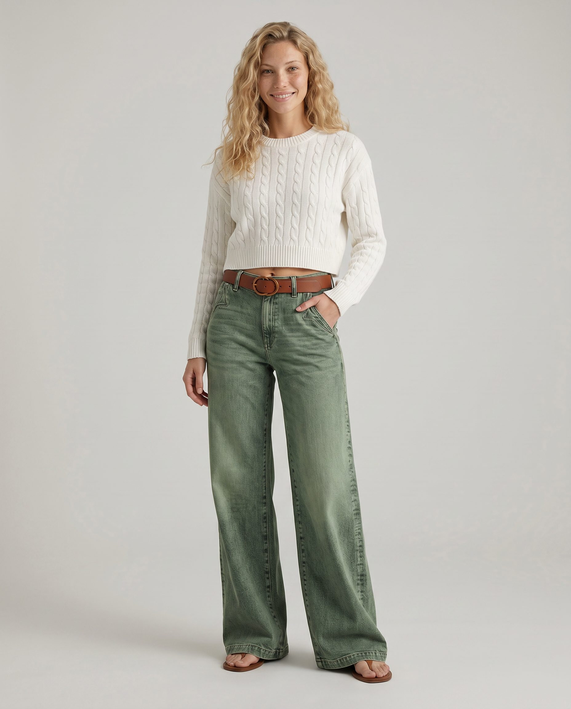 Comfortabele wijde jeans met hoge taille in groen denim. 4