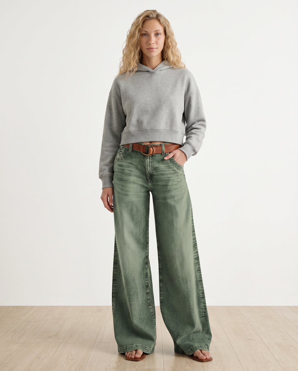 Comfortabele wijde jeans met hoge taille in groen denim. 6